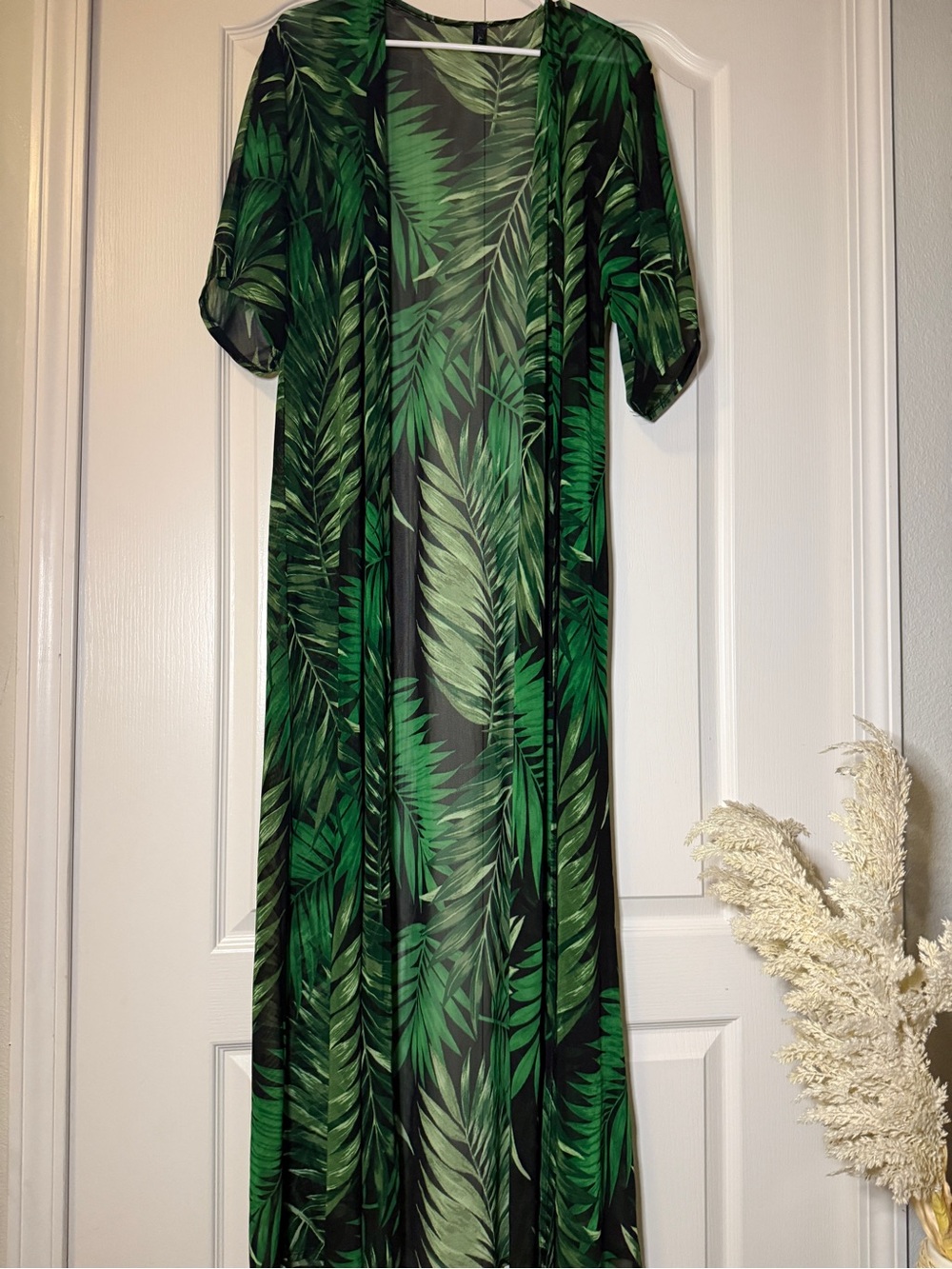 Women's Green Palm Leaf Print Sheer Maxi Swim Dress